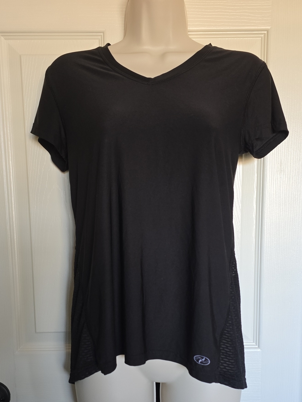 Women's Black V-Neck Short Sleeve Tee with Subtle Side Panels